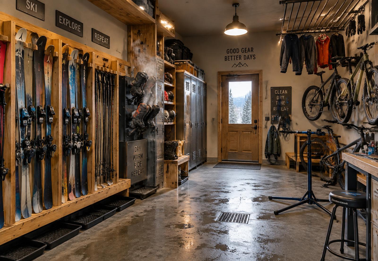 The gear room with ski racks, steaming boot dryers, lockers and a bike repair stand
